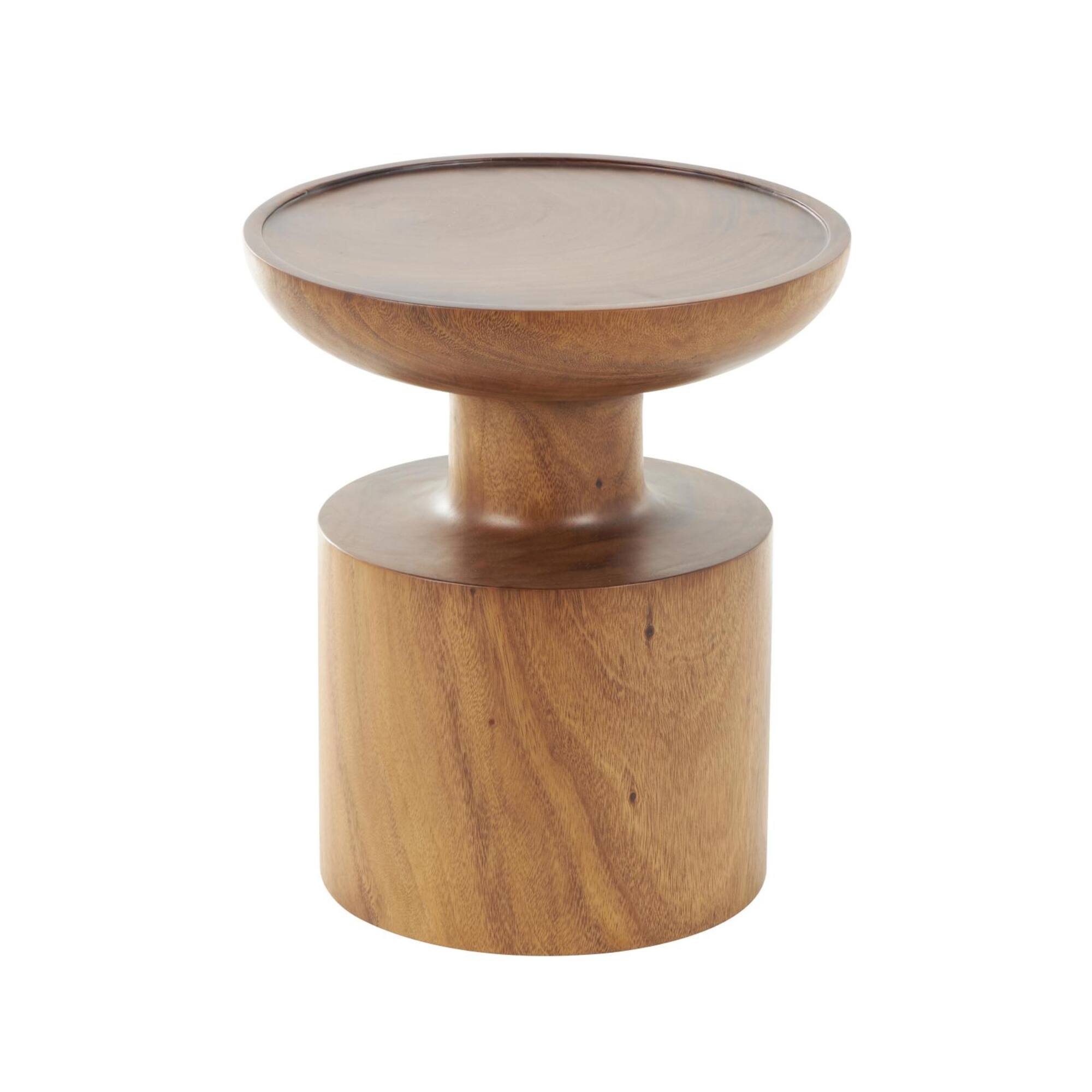 17.75" Brown Wood Handmade Accent Table with Cylinder Block Base